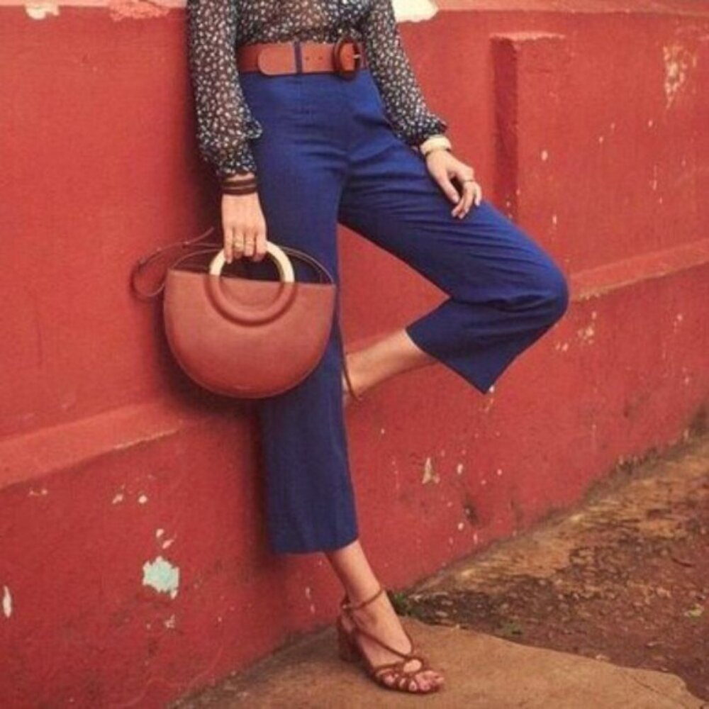 EUC Sezane Jude Linen Cotton Cropped Pant Indigo Blue 36, 4, S